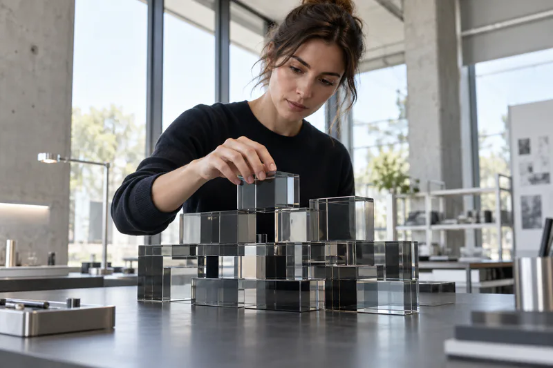 An engineer inspects a modular smoked-glass assembly in a technical workshop.
