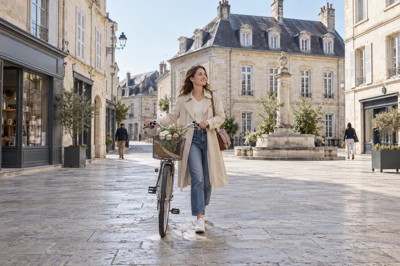 A woman walks her bicycle across a square lined with pale stone buildings.