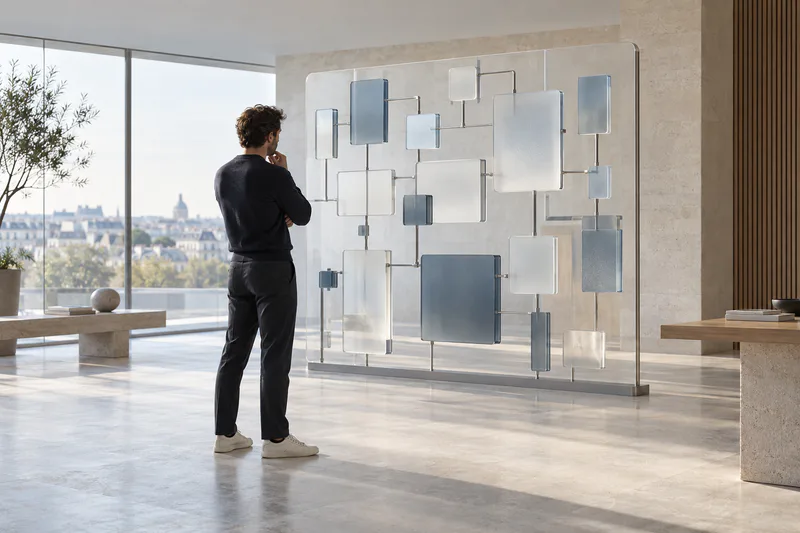 Une personne examine des modules reliés sur une grande paroi translucide.