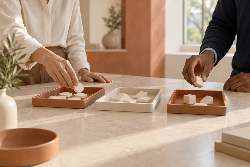 Two professionals organise abstract tokens across three separate trays.