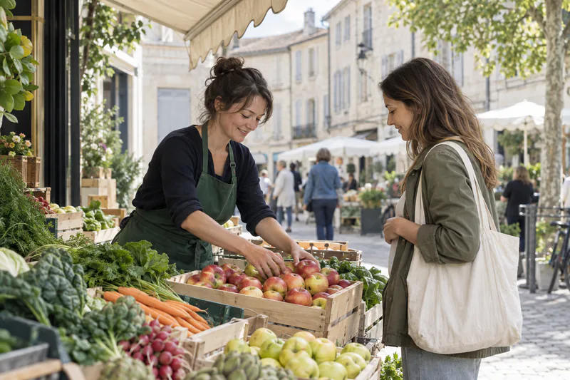 A market trader arranges apples on a stall in front of a customer.