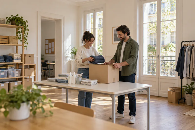 Deux bénévoles rangent des produits du quotidien et une serviette dans un carton.