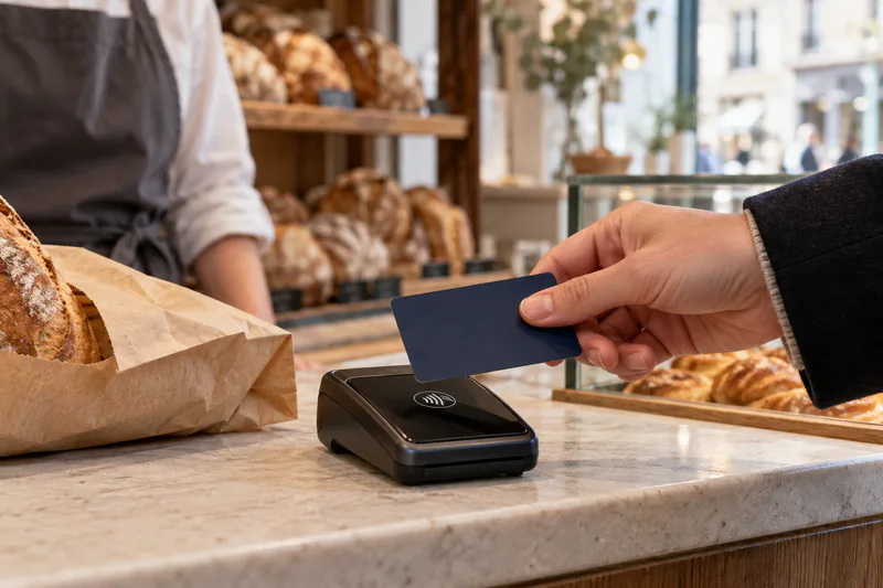 A hand holds a payment card above a terminal on a shop counter.